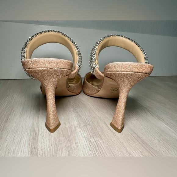 Badgley Mischka Rose Gold Glitter Crystal Strap Pointed Toe Heels Mules Women 7 - Picture 8 of 12